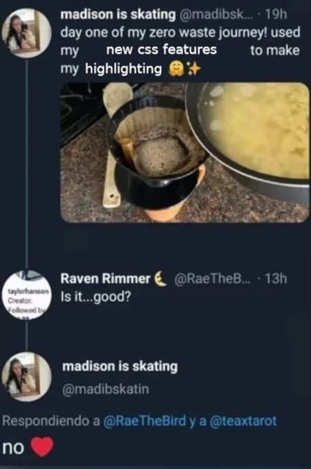 Twitter conversation:
madison is skating says: day one of my zero waste journey! used my new css features to make my highlighting 🤗✨
(the "new css features" and "highlighting" are obviously edited in)
Raven Rimmer replies: Is it...good?
madison is skating @madibskatin replies: no ❤️